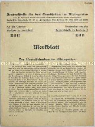 Merkblatt für Kleingärtner zum Anbau von Kartoffeln