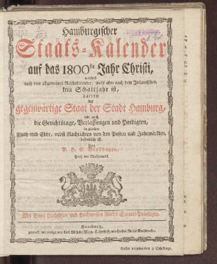 1800: Hamburgischer Staats-Kalender : auf das Jahr
