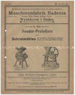 Sonder-Preisliste über Schrotmühlen mit gerieften und glatten Walzen, sowie mit Hartguss-Mahlscheiben.