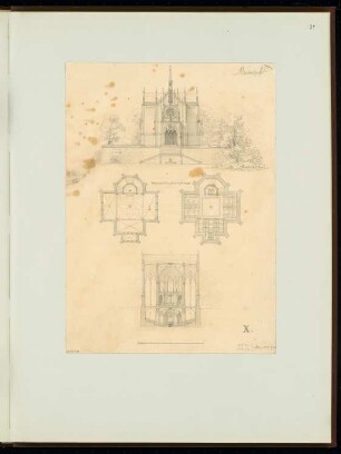 Fürstengruft Monatskonkurrenz Januar 1850: Grundriss Keller (Gruft), Erdgeschoss (Kapelle), Aufriss Vorderansicht, Querschnitt; Maßstabsleiste