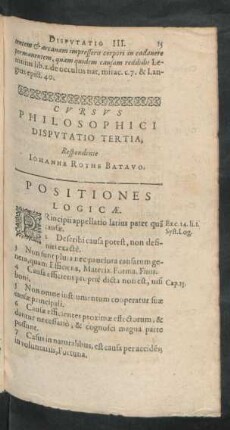 Cursus Philosophici Disputatio Tertia, Respondente Johanne Rothe Batavo.