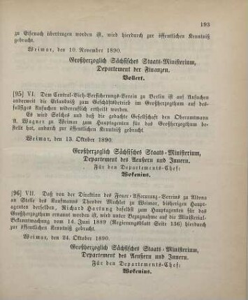 95. Ministerial-Bekanntmachung, die anderweite Ertheilung der Erlaubniß zum Geschäftsbetrieb im Großherzogthum an den Central-Vieh-Versicherungsverein zu Berlin betreffend