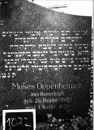 Grabstein 1022 (Index: 99803900) Material: Granit; Granit, poliert Zustand: sehr gut Maße HxBxT: 114x120x17 cm Beschreibung: Sockel, Stele mit Karniesbogen: Grabstein 1022 (Detailaufnahme)