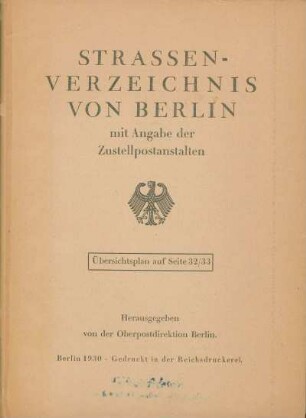 1930: Straßenverzeichnis von Berlin : mit Posthinweisen