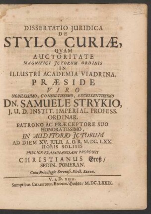 Dissertatio Iuridica De Stylo Curiae