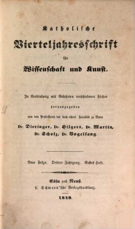 Katholische Vierteljahresschrift für Wissenschaft und Kunst. 3. 1849
