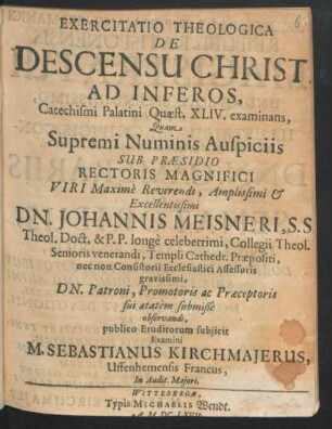 Exercitatio Theologica De Descensu Christi Ad Inferos, Catechismi Palatini Quaest. XLIV. examinans