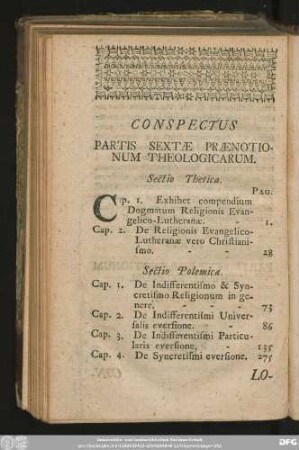 Conspectus Partis Sextae Praenotionum Theologicarum.