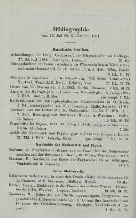 Bibliographie vom 16. Juli bis 31. October 1881.