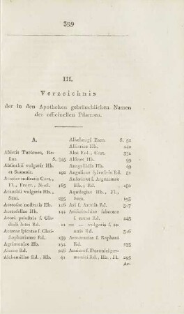 III. Verzeichnis der in den Apotheken gebräuchlichen Namen der officinellen Pflanzen