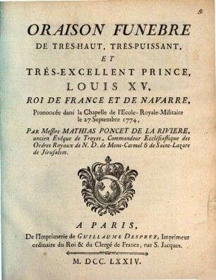 Oraison funebre de Louis XV. Roi de France