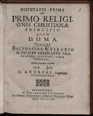 Disputatio Prima De Primo Religionis Christianae Principio
