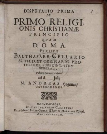 Disputatio Prima De Primo Religionis Christianae Principio
