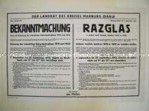 Maueranschlag mit der Aufforderung zur Registrierung der männlichen Bürger der Geburtsjahrgänge 1919 und 1920