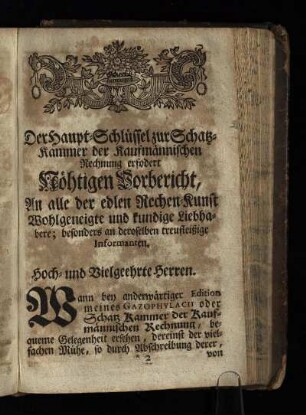 Der Haupt-Schlüssel zur Schatz-Kammer Der Kaufmännischen Rechnung erfordert Noethigen Vorbericht ...