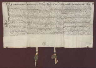 Verkaufsbrief des Jörg Haller von Hallerstein an die Markgrafen Philibert von Baden-Baden und Christoph II. über ein Haus und Hofraite zu Stollhofen neben dem Schloßhof, eine Bühn neben der Landstraße und Bechtold Thumm und ein Gärtlein hinter der Mühle zwischen beiden Bächen um 465 fl.