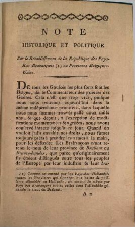 Note Historique Et Politique Sur le Rétablissement de la République des Pays-Bas Brabançons ou Provinces Belgiques-Unies