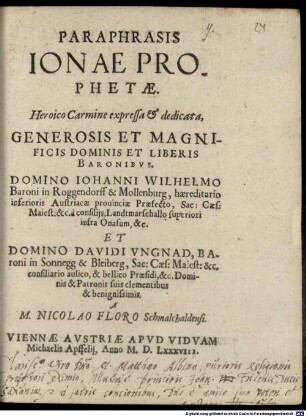 Paraphrasis Ionae prophetae : Heroico carmine expressa et dedicata ... baronibus