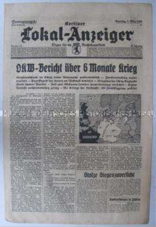 Tageszeitung "Berliner Lokal-Anzeiger" u.a. mit einer Bilanz des OKW zum bisherigen Kriegsverlauf