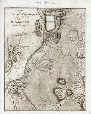 "Lager des Herzoglich Würtembergischen Corps d'Armée bey Hailbrunn den 28. Juli 1760" [aus dem Sammelband mit eingeklebten Karten des Herzoglich Württembergischen Corps des Guides über Lager während des Feldzugs gegen Preußen 1760 sowie Feldlager bei Ludwigsburg 1762 - 1763]