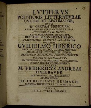 Lvthervs Politioris Litteratvrae Cvltor Et Aestimator