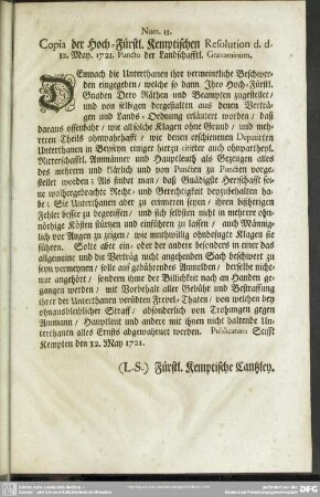 [Fünfftens: Die Hoch-Fürstliche disconsolable Resolution über die eingegebene Gravamina d. d. 12. May 1721]