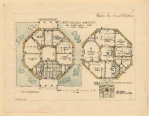 Achteckiges Landhaus Monatskonkurrenz März 1924: Lageplanskizze 1:1000; Grundriss Erdgeschoss, 2. Obergeschoss 1:100; Maßstabsleiste