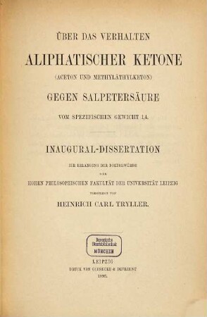Über das Verhalten aliphatischer Ketone '(Aceton und Methyläthylketon)' gegen Salpetersäure vom spezifischen Gewicht 1,4 ...