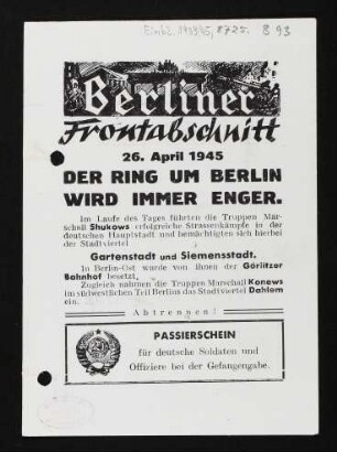 Berliner Frontabschnitt 26. April 1945 DER RING UM BERLIN WIRD IMMER ENGER