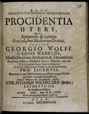 Dissertatio Medica Inauguralis De Procidentia Uteri