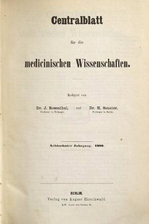 Centralblatt für die medicinischen Wissenschaften, 18. 1880