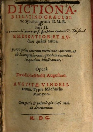 Dictionarii Latinograeci, Sive Synonymorum D. M. R. Pars .... 2
