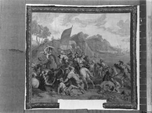Teppichfolge mit Themen aus der römischen Sage; dargestellte Szene "Römer landen an der Felsenküste und kämpfen mit Orientalen"