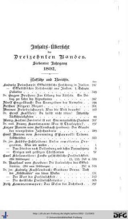 Inhalts-Übersicht und Abbildungsverzeichnis des Dreizehnten Bandes