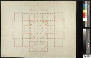 Grundriss eines quadratischen Schlossneubaues mit zentraler Kuppel und 4 Ecktürmen (5. Schlossprojekt)