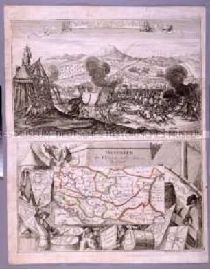 Eroberung Belgrads durch Prinz Eugen 1717 (oben), Balkankarte (darunter)