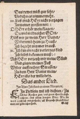 Das ander Lied. || Jm Thon: Jch stund an einem Morgen/ [et]c. ||