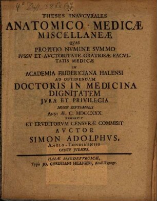 Theses inaugurales anatomico-medicae miscellaneae