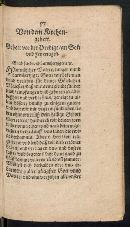 Gebett vor der Predigt/ an Sonn und Feyertagen.