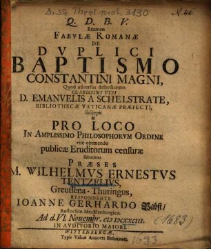Examen Fabvlae Romanae De Dvplici Baptismo Constantini Magni