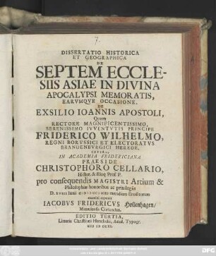 Dissertatio Historica Et Geographica De Septem Ecclesiis Asiae In Divina Apocalypsi Memoratis, Earvmqve Occasione, De Exsilio Ioannis Apostoli