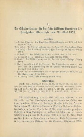 XI. Die Städteordnung für die sechs östlichen Provinzen der Preußischen Monarchie vom 30. Mai 1853
