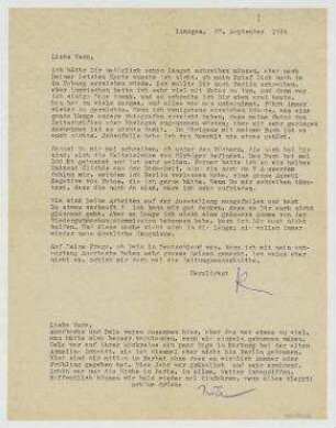 Brief von Raoul Hausmann und Hedwig Hausmann an Vera Hausmann. Limoges. Zusatz Hedwig Hausmann