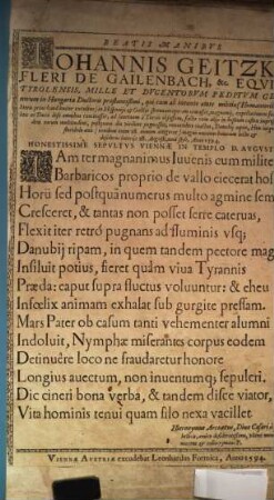 Beatis Manibvs Iohannis Geitzkofleri De Gailenbach, &c. Eqvitis Tyrolensis ... qui ... floridulo aeuo (nondum enim 28. annum attigerat) magno omnium bonorum luctu & desiderio interijt 28. Augusti, noui styli, Anno 1594.
