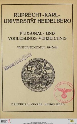 Personal- und Vorlesungsverzeichnis: Personal- und Vorlesungs-Verzeichnis Wintersemester 1943/44