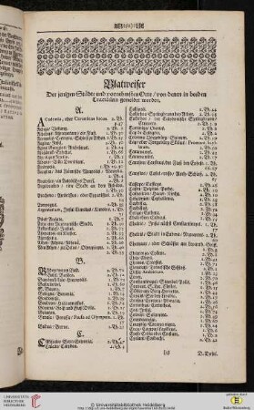 Blatweiser der jenigen Staedte und vornehmsten Orte/ von denen in beeden Tractaetlein gemeldet worden.