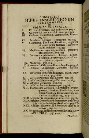 Conspectus Huius Inscriptionum Syntagmatis In Viginti Classibus