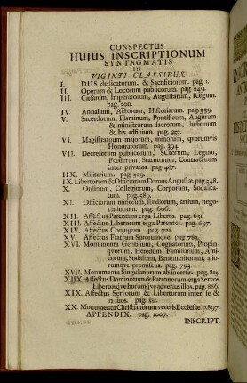 Conspectus Huius Inscriptionum Syntagmatis In Viginti Classibus