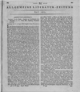 Choulant, L.: Tafeln zur Geschichte der Medicin nach Ordnung ihrer Doctrinen. Leipzig: Voss 1822 (Beschluss der im vorigen Stück abgebrochenen Recension)
