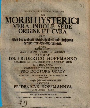 Dissertatio Inavgvralis Medica De Morbi Hysterici Vera Indole Sede Origine Et Cvra Oder: Von der wahren Beschaffenheit und Ursprung der Mutter-Beschwerungen